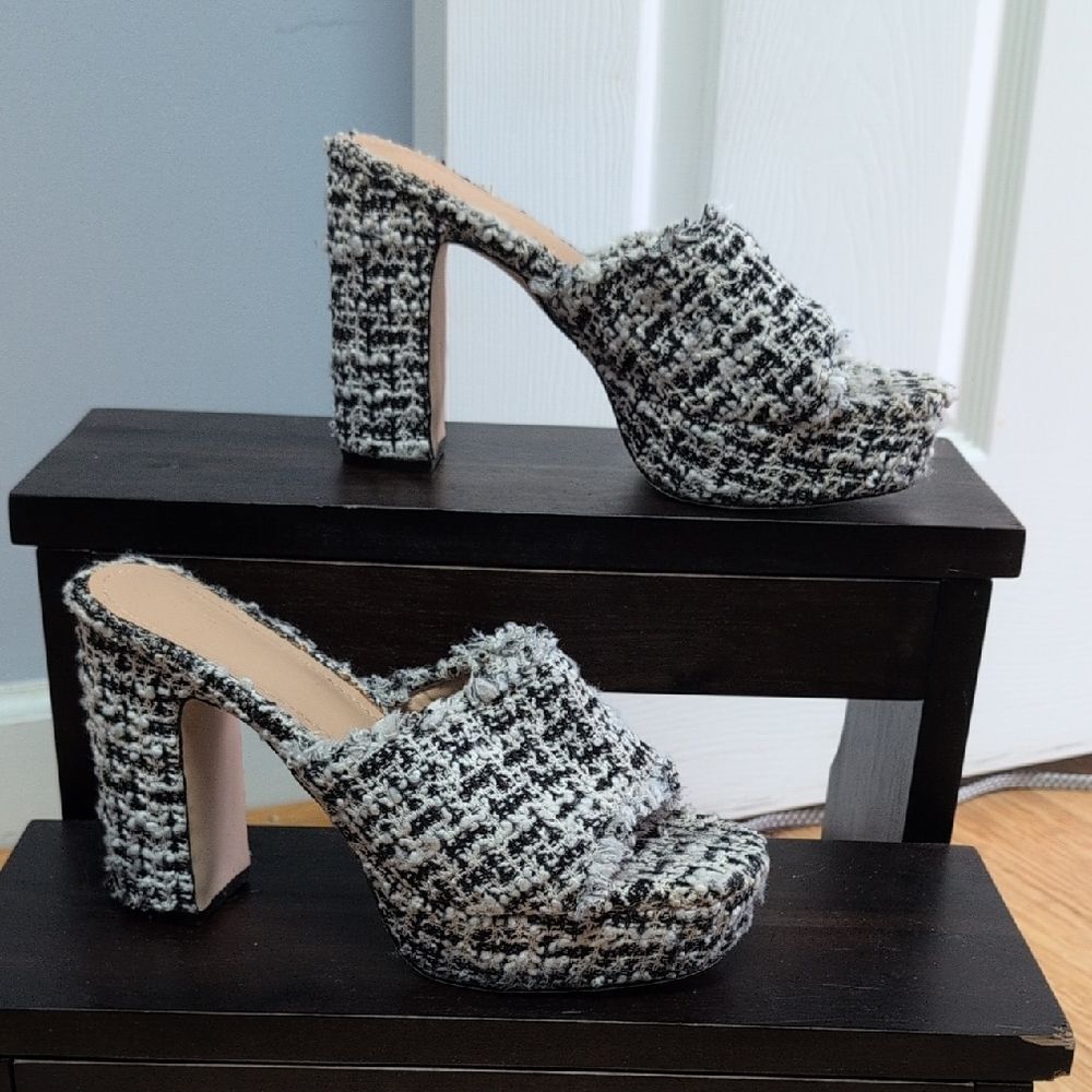 JF London Heather Throwback Black & White Tweed Houndstooth Heeled Mule Size 8.5 - Picture 1 of 8
